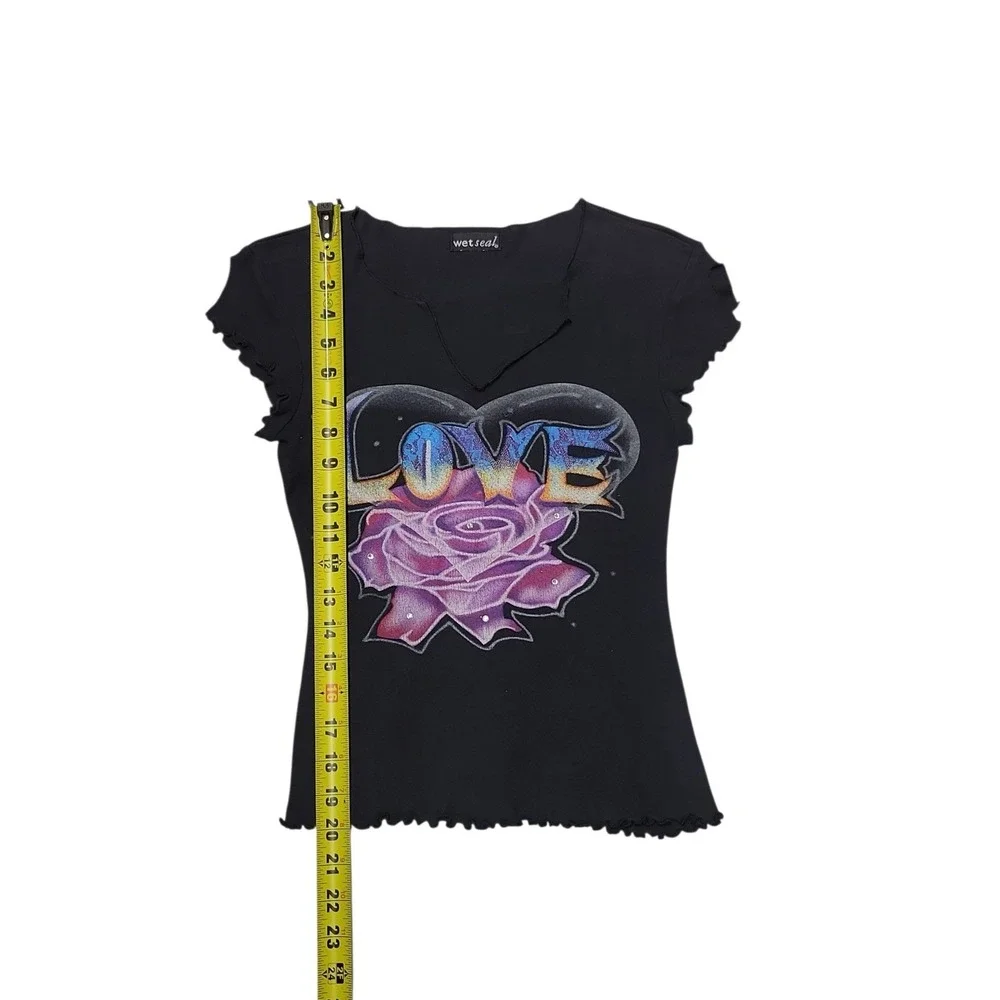 Vintage Y2K Black Multi Color Love Top  100%‎ Cotton Women's Size Small